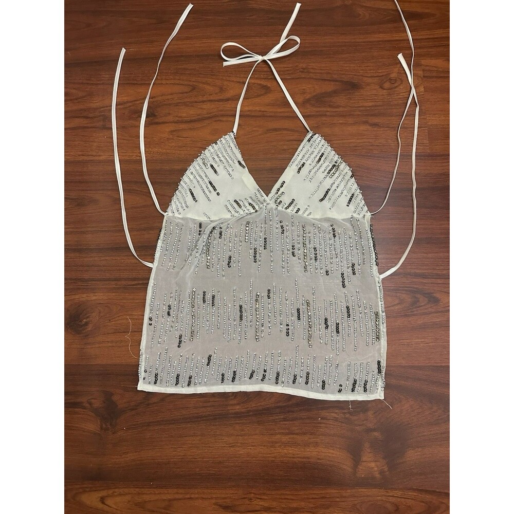 Handmade Y2K Sequin Rhinestone Halter Top White Backless M Sheer Fairy Festival